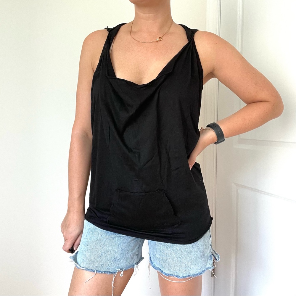 MEETING Draped Front Racer Bach Hooded Tank with Kangaroo Pocket